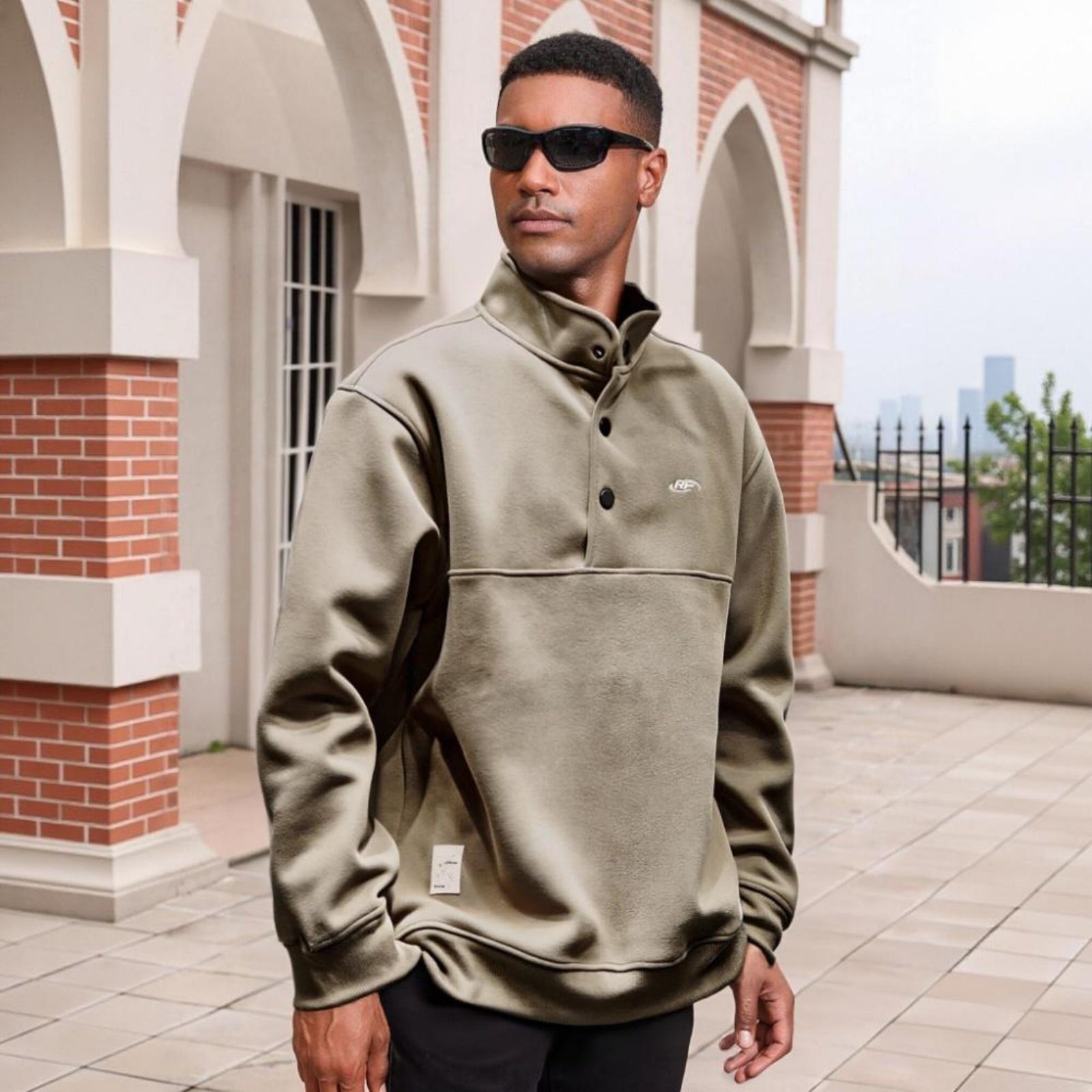 

Мужское повседневное однотонное худи с воротником-стойкой в американском стиле, мужское свободное спортивное утепленное худи XL хаки