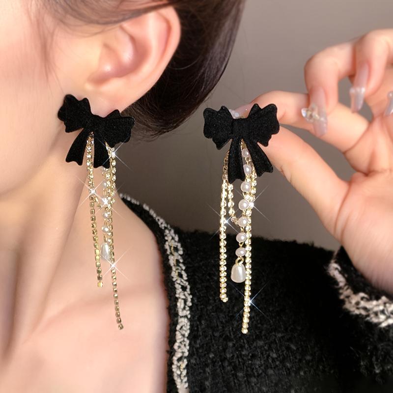 1 Pair Women Black Flocking Bow Tassel Earrings,Luxury Elegant Jewelry,Gift for Valentine's Day & New Year