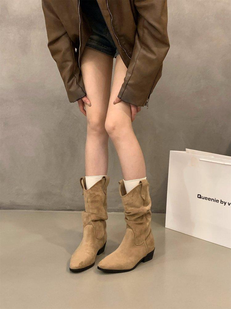 Cowhide version of Maillard boots, new pointed mid-boots, brown women's boots, pleated stacking boots, khaki cowboy boots