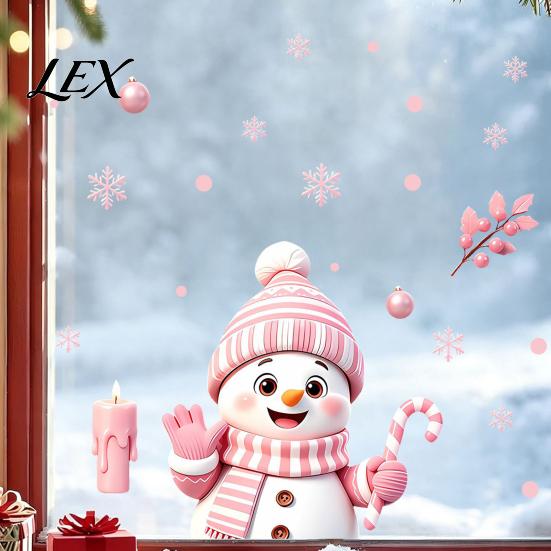 Waterproof PVC Glass Decorations Christmas Snowman Static Stickers, Decorative Pink Decals, Festival Decor for Doors Window Clings Home Holiday Party