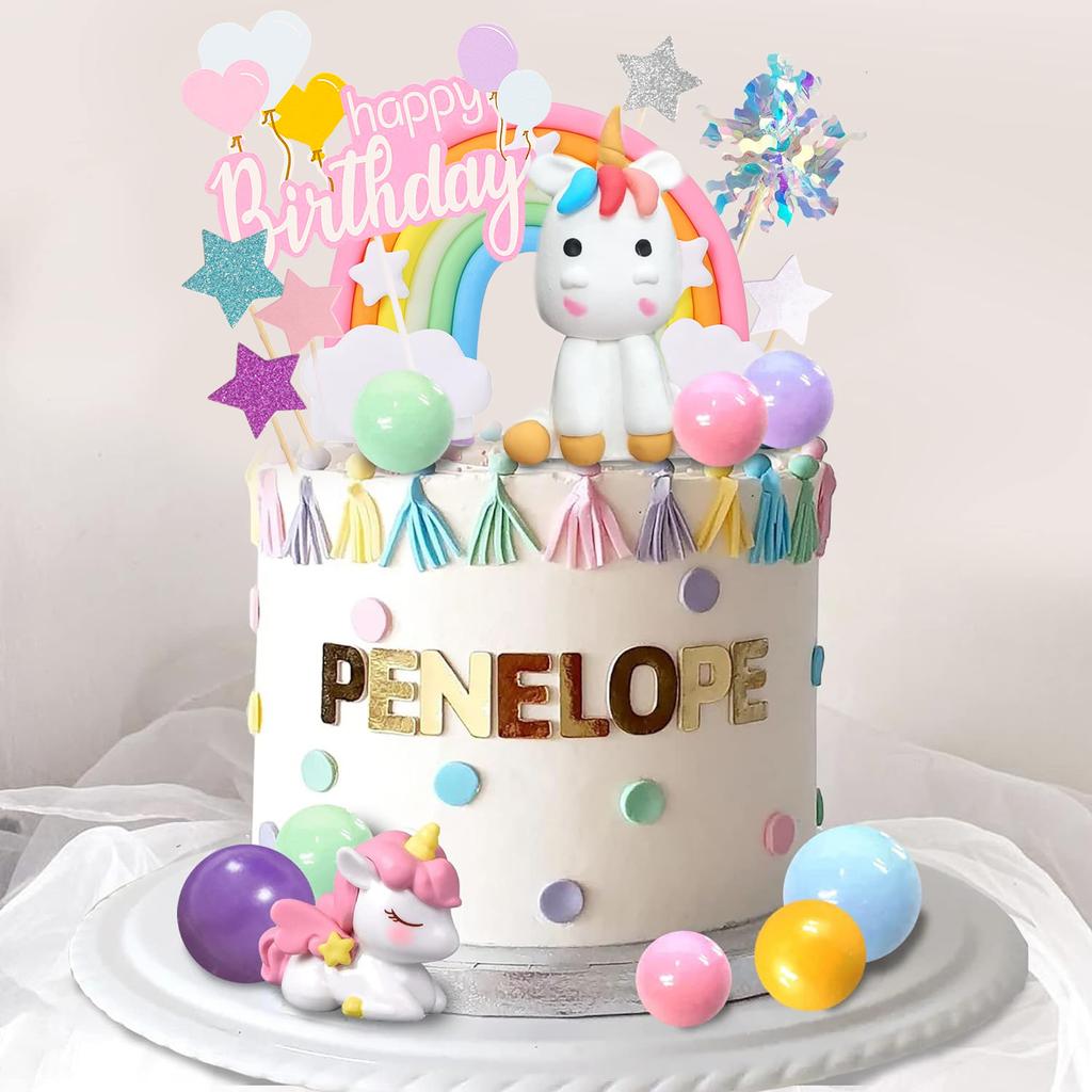 47 STÜCKE Einhorn Regenbogen Kuchenaufsatz Einhorn mit Regenbogen Schmetterlingen Einhorn Kugeln Happy Birthday Kuchendekorationen für Party