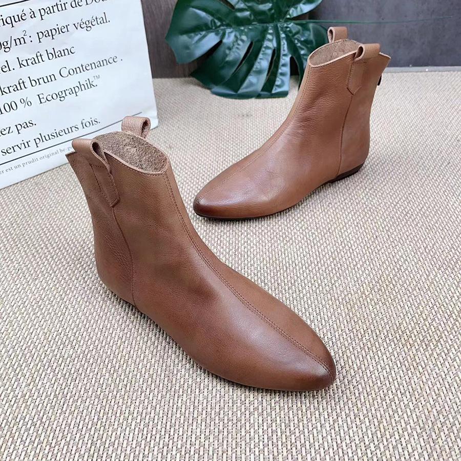 Johnature Retro Women Short Boots Genuine Leather Solid Color Shoes Handmade Round Toe Back Zipper Ankle Boots