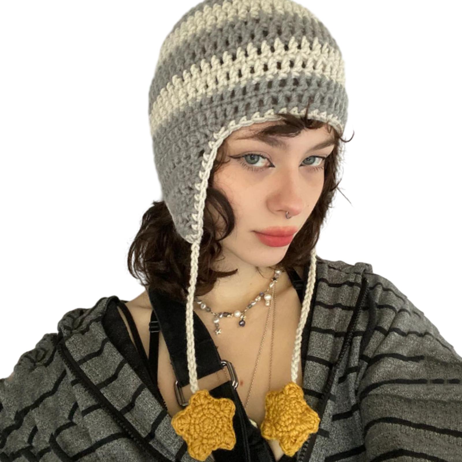

Girl Y2K-theme Party Hat Knitted Hat Balaclava Hat Thicken Devil Hat Striped Hat with Star Photo Prop 2