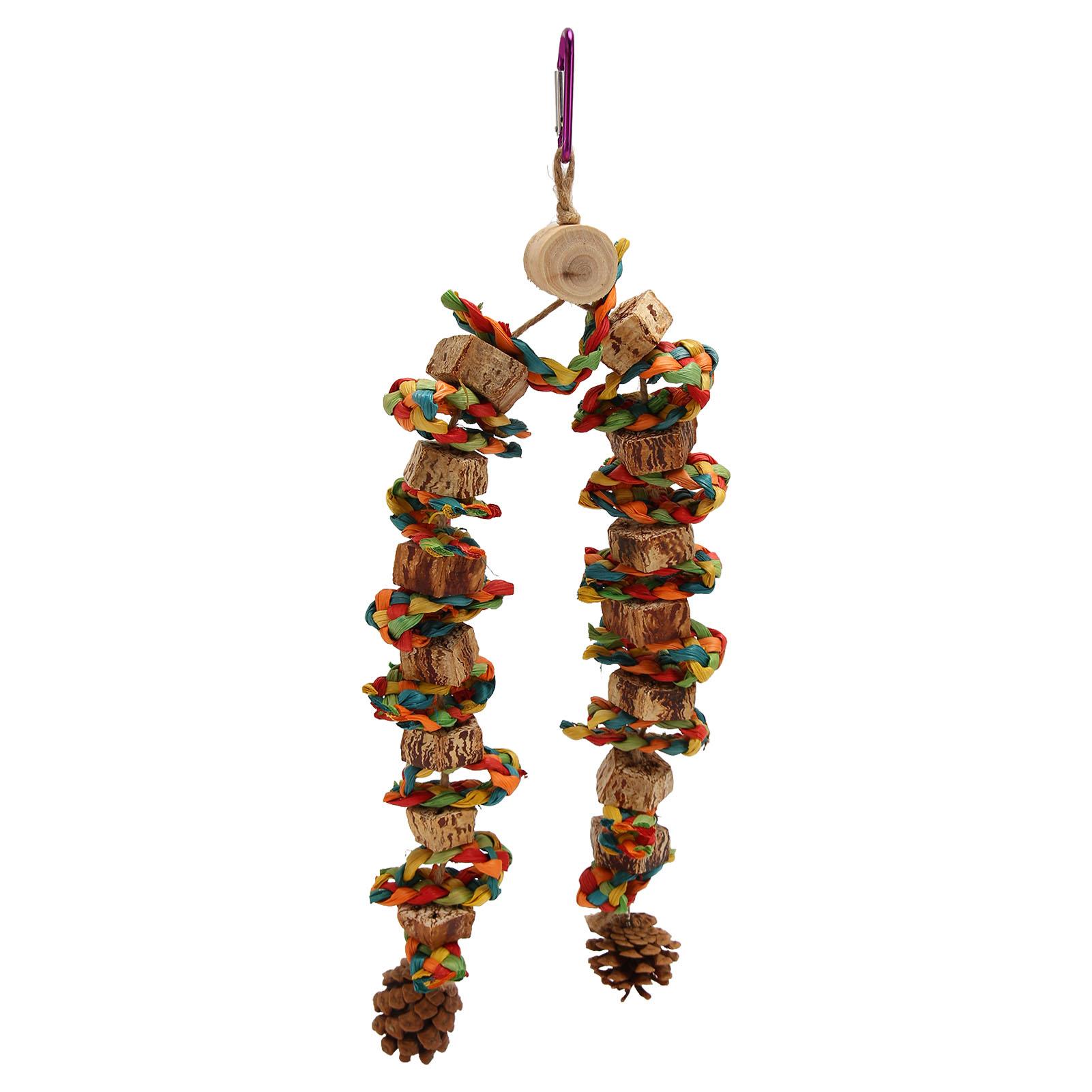 

Parrot Chewing Toy Beak Grinding Safe Log Nut Pine Cone Corn Leaf Hanging Bird Cage Toys for Medium Large Birds Colorful