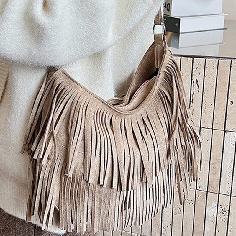 Autumn new fashion Maillard style fringed bag women's bag retro tote bag large capacity underarm bag