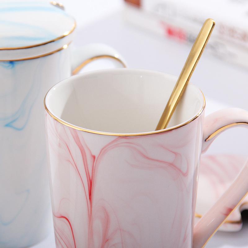 Marble Mug with Lid Coffee Spoon and Filter 12OZ Ceramic Cup for Cafe or Tea Choice Stainless Steel Strainer for Tea or Coffee