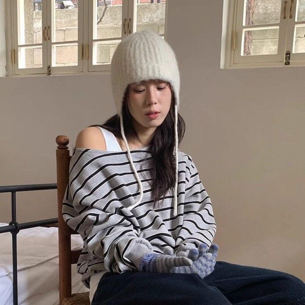 Rabbit Fur Earflap Hat Solid Color Beanie Hat Casual Knit Cap  Winter