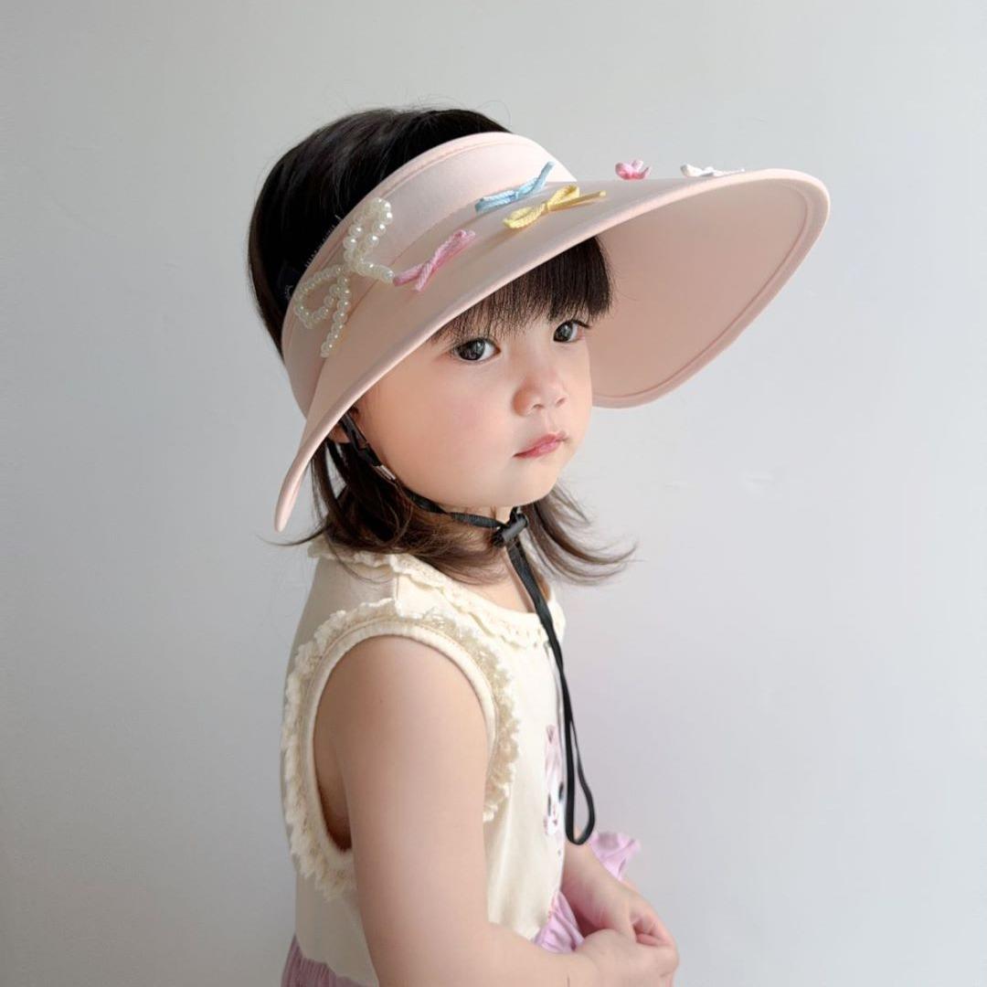 

Children s hat summer girls big brim sunshade sunscreen hat empty top ice silk colored bow baby sun hat child (49-54cm) рожевий