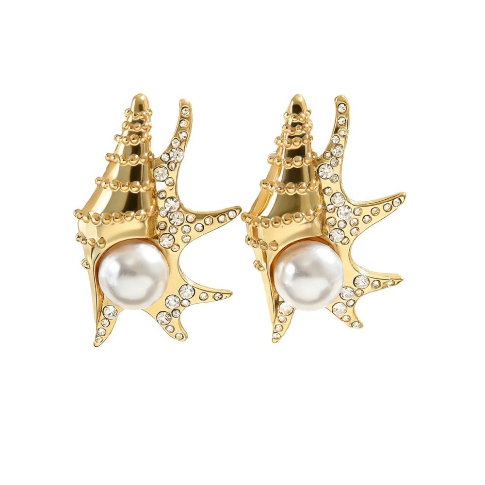 

New Geometry Zircon Simulated-pearl Sea Star Conch Earrings for Women Unique Fashion Luxury Versatile Ocean Style Jewelry Gift золотистий