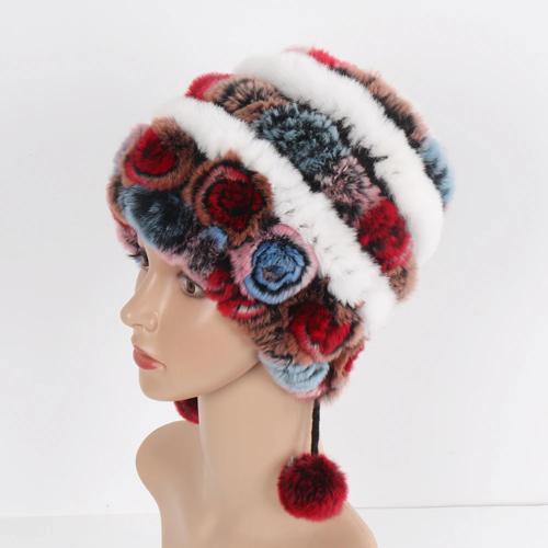 Sale Winter Women Flowers Striped Natural Real Rex Rabbit Fur Hats Lady Warm Knit Genuine Fur Caps Russian Outdoor Fur Hats
