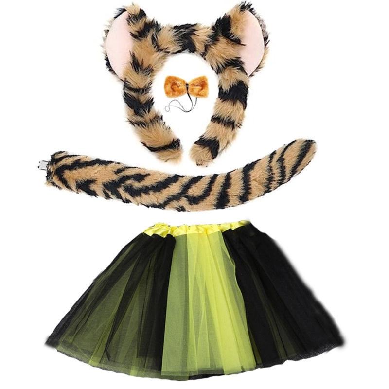 1/2/3/4 Animal Leopard Costume Accessories Leopard Ears Headband Tail Bowtie Tutus Skirt Halloween Cosplay Party Props