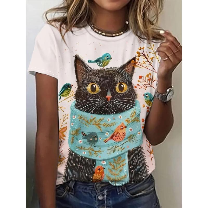 Summer Round Neck 3D Cat Print Top Fashionable Casual Short Sleeved Women's T-shirts