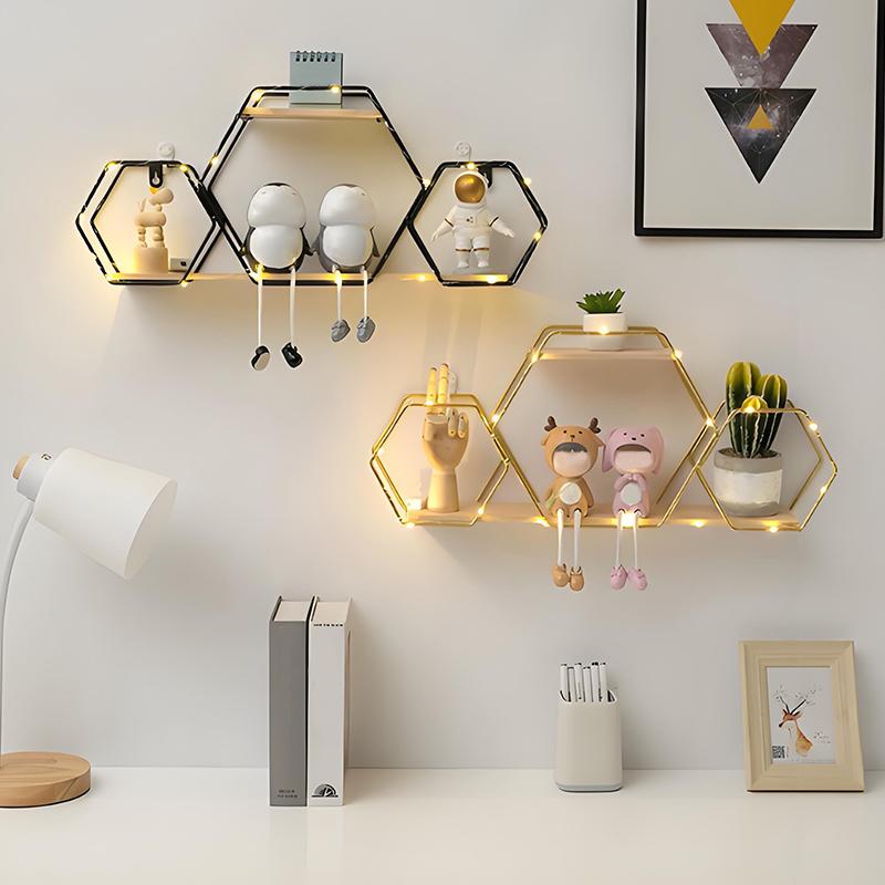 1PC Iron+Wood Space-Saving Wall-Mounted Durable No-Drill Easy-Install Storage Rack Decorative Shelf Easy-Install Wall Sturdy