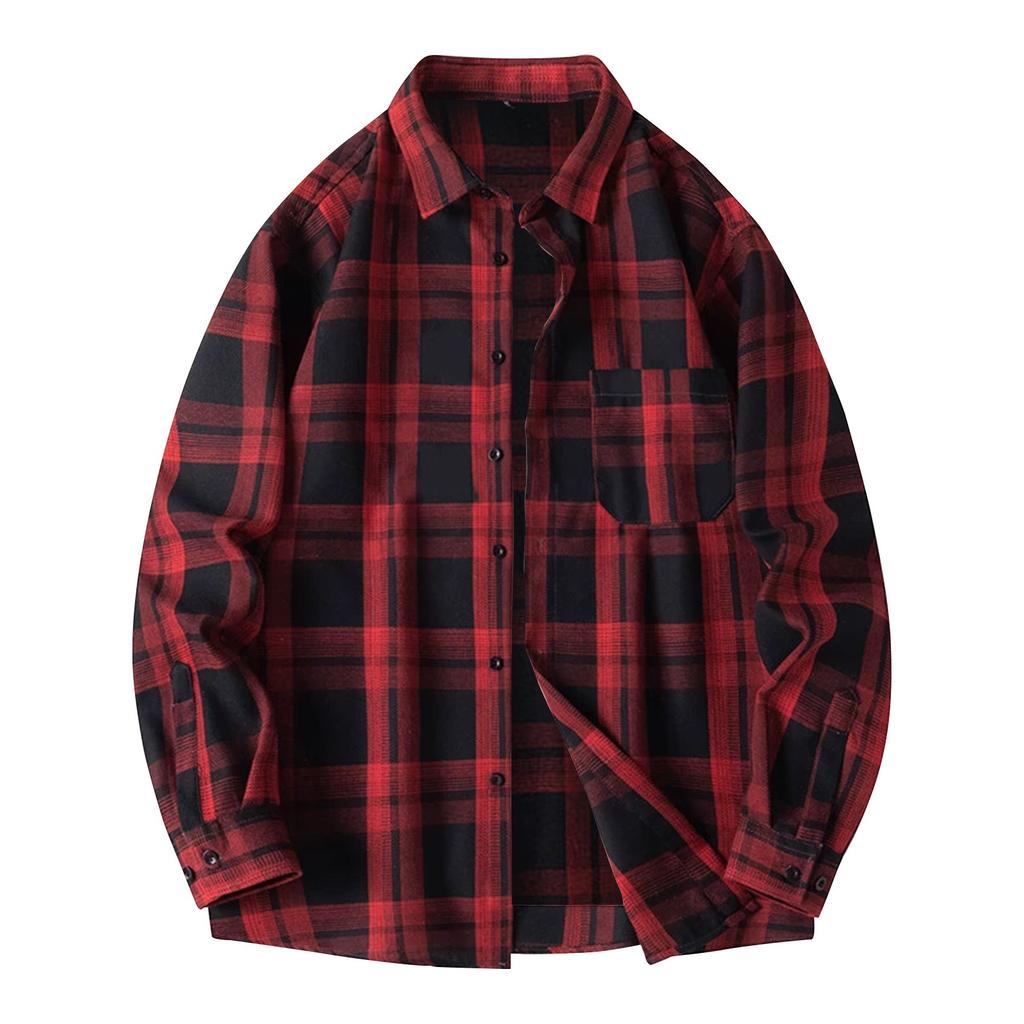 Men's Spring Plaid Fashion Loose Drop Shoulder Large Size Stand Collar Long Sleeve Shirt