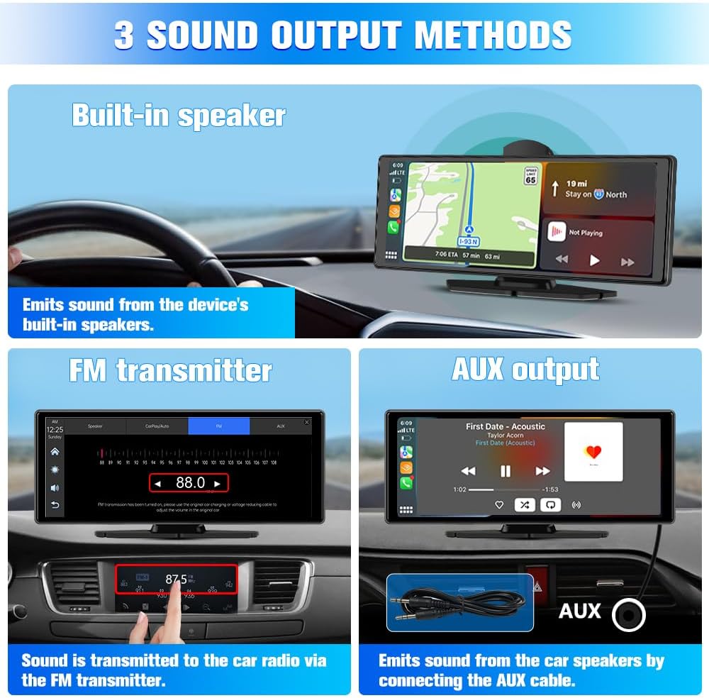 10.26' CarPlay Screen with 4K Dash Cam & 1080P Backup Camera, Supports CarPlay/Android Auto, GPS, Bluetooth