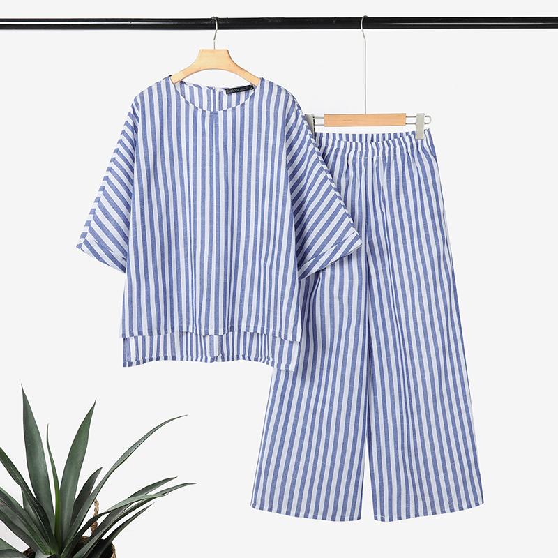 ZANZEA Women 3/4 Sleeve Blouse and Pants Summer Stripe Two Piece Suit Sets