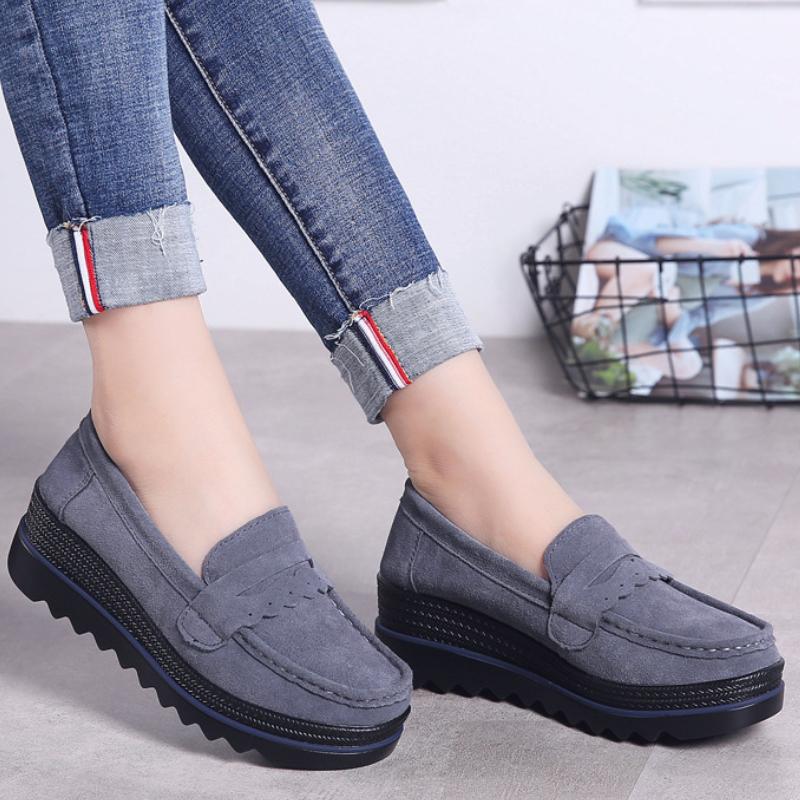 Dámské mokasíny z pravé kůže s plyšovou podšívkou, elegantní boty na platformě, nazouvací, ležérní boty pro matky, módní rockerky