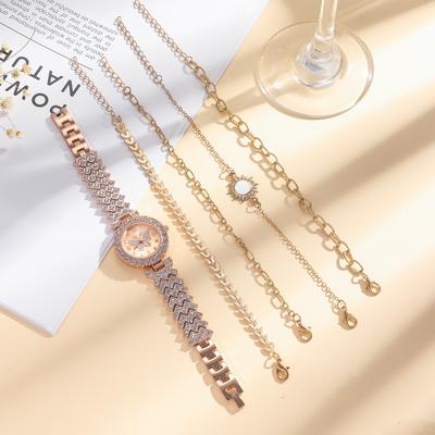 Fashion Simple Diamond Point Butterfly Dial Full of Crystals Steel Belt Quartz Watch + SUNFLOWER Bracelet Set