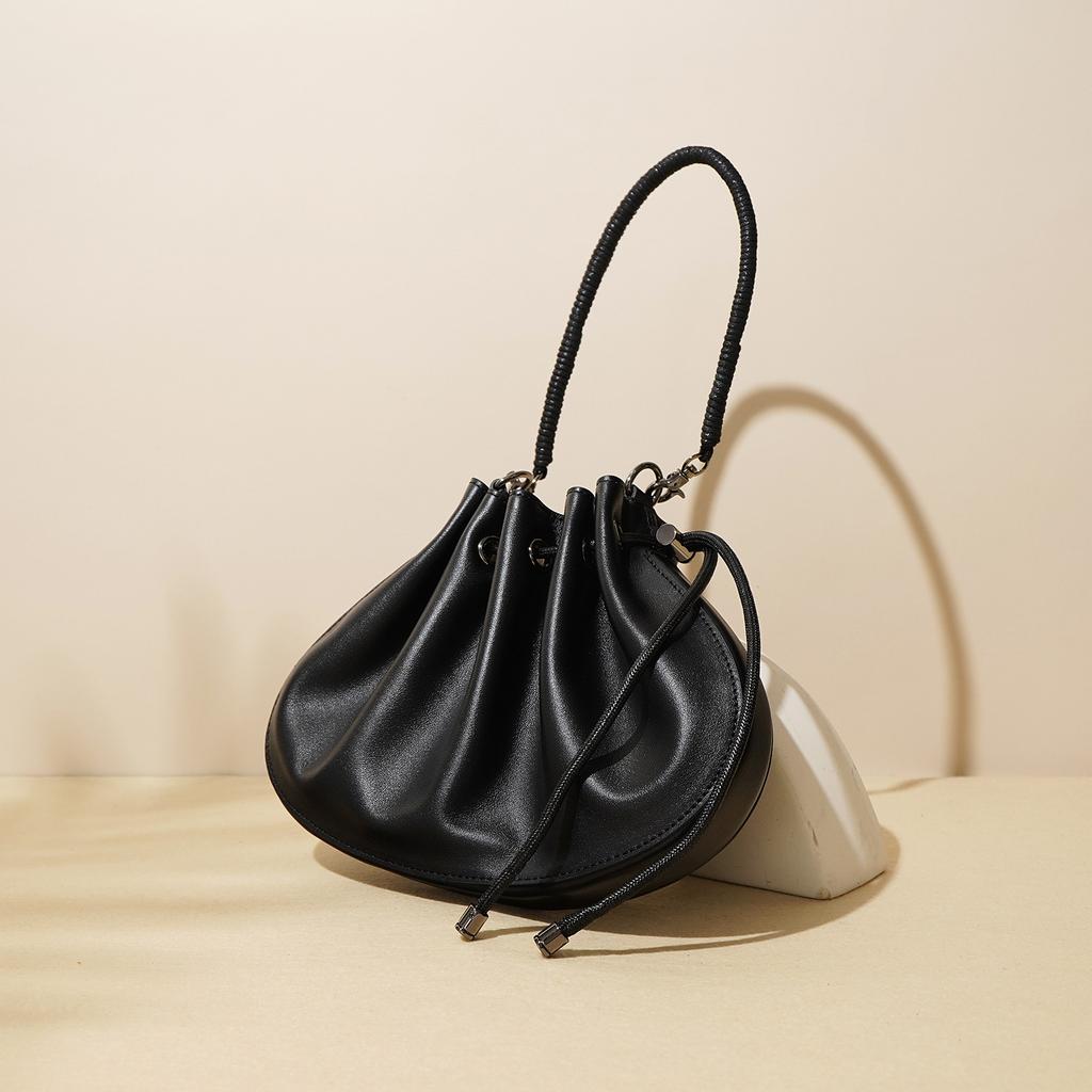 Summer Niche Top-grain Leather Shell Bag, Drawstring Drawstring, Single-shoulder Crossbody Handbag, Underarm Bag