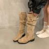 French Thick Heel Apricot Suede Piled Boots Women's Shoes 2025 New Spring and Autumn Winter Versatile Thin Long Boots