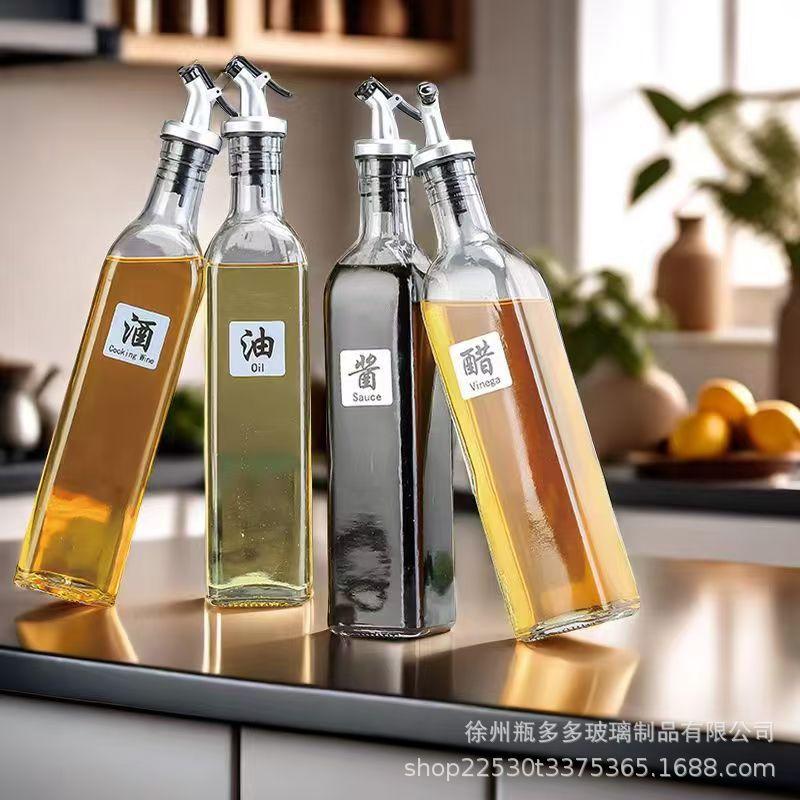Leak-Proof Glass Oil and Vinegar Bottle Set - Square Olive Oil & Soy Sauce Dispenser