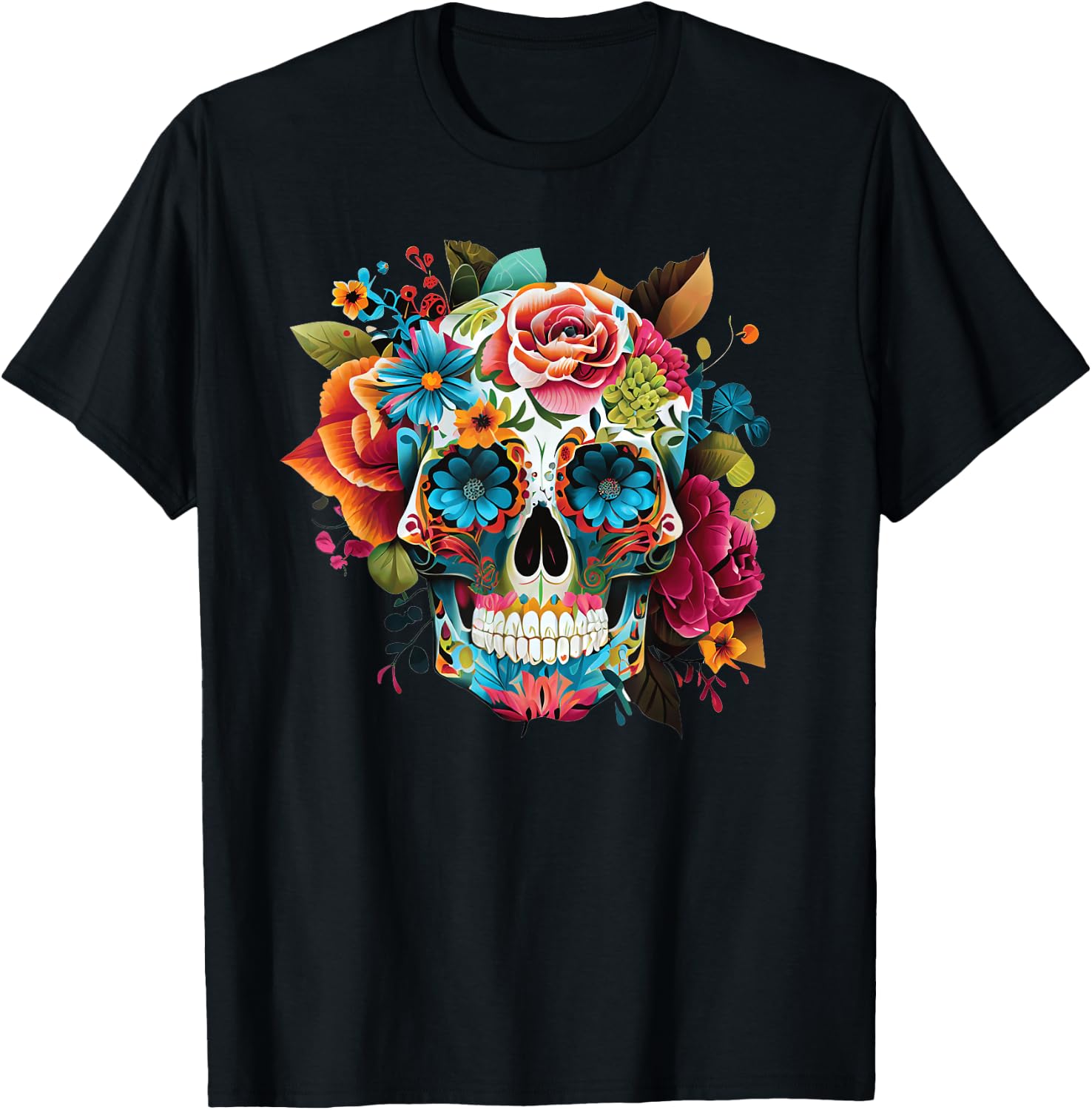 Cute Flowery Sugar Skull Colorful Day of the Dead T-Shirt XXXL