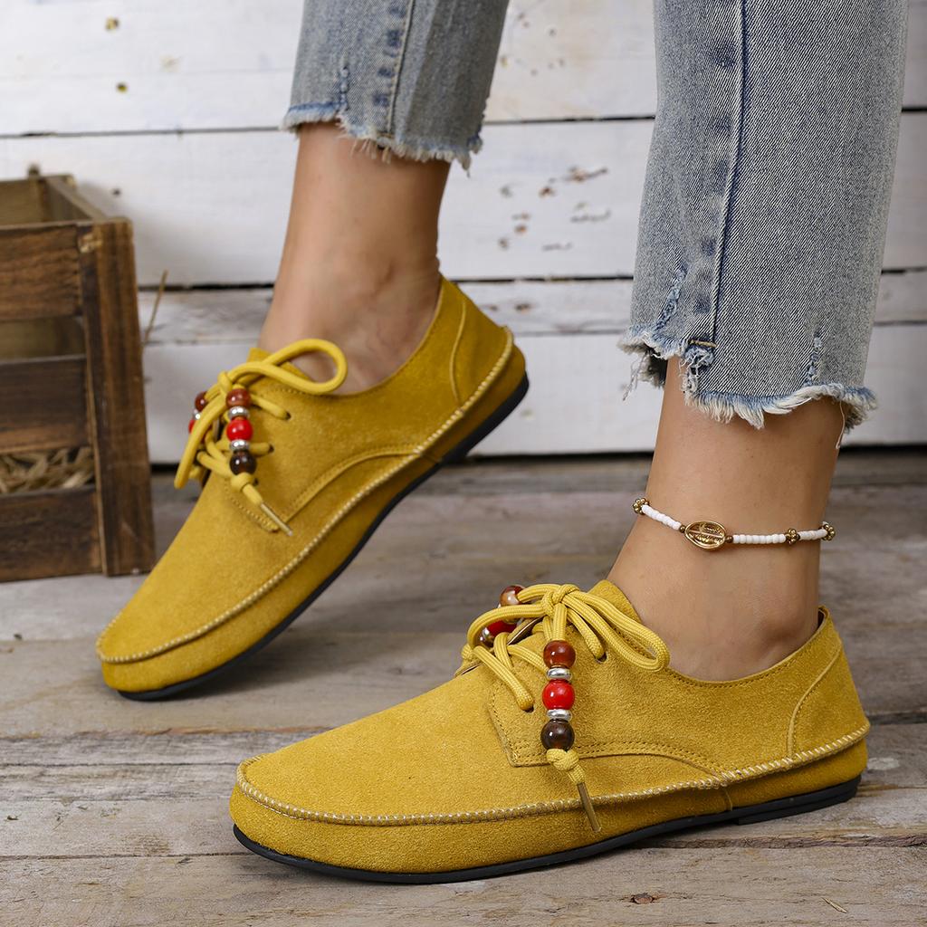 2025 Women Loafers Round Toe Lace-up String Bead Shoes Leisure Spring Autumn Sneakers Woman Retro Style Plus Size Shoes Women