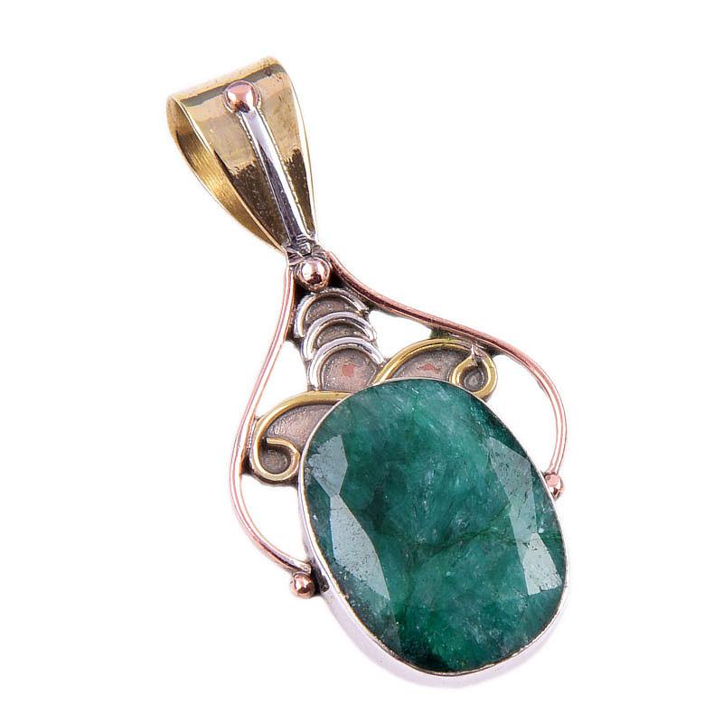 Emerald(Simulated) Handmade 925 Sterling Silver Gift Two Tone Pendant 1.50" i2h55