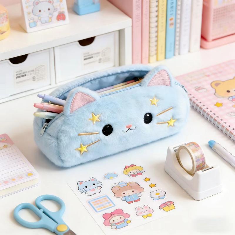 New Cartoon Plush Star Cat Pencil Case Multi-layer Large Capacity Stationery Storage Bag Student Pencil Case Stationery