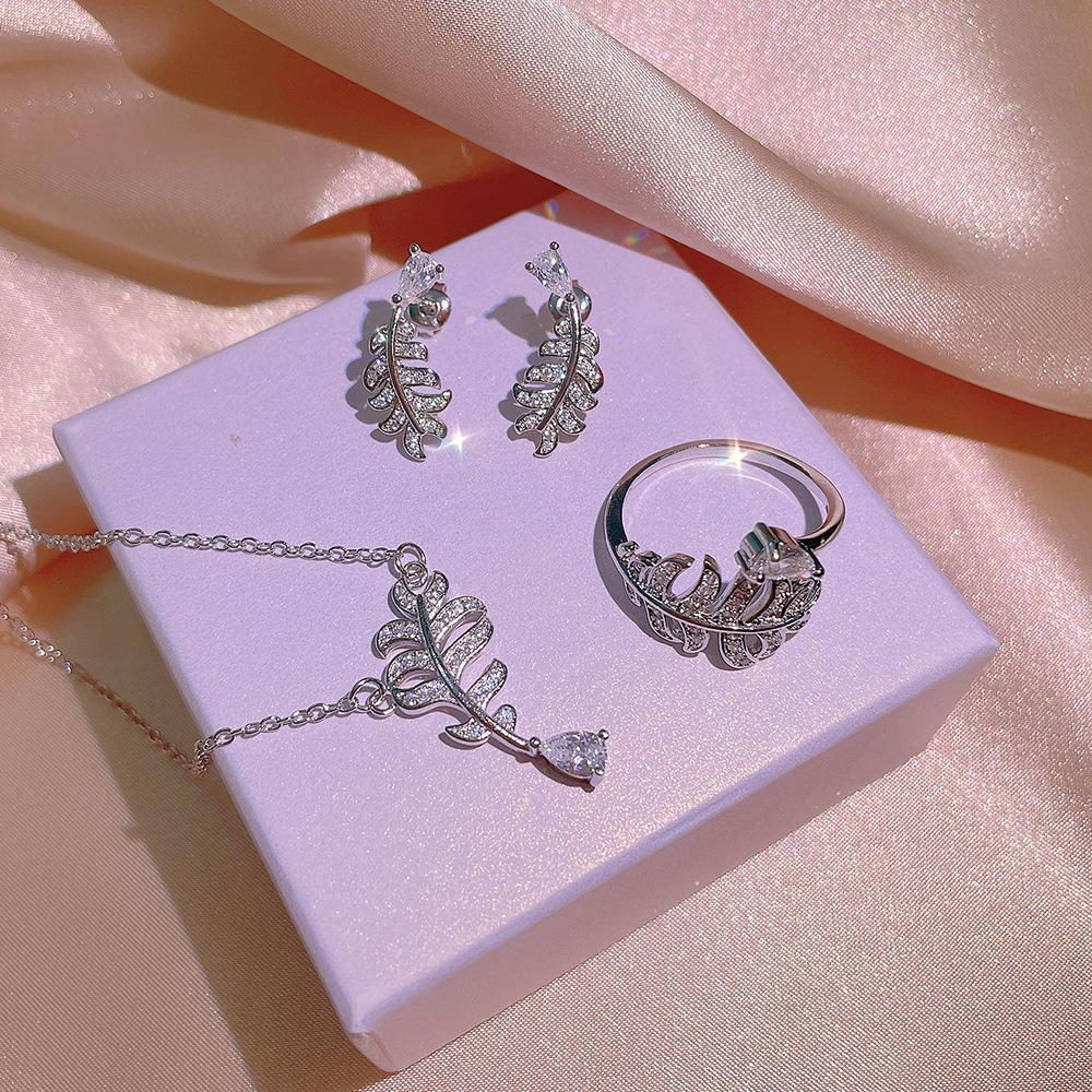 Sterling Silver High Quality Feather White Zircon Clavicle Chain Necklace Female Simple Earrings Ring Jewelry Set