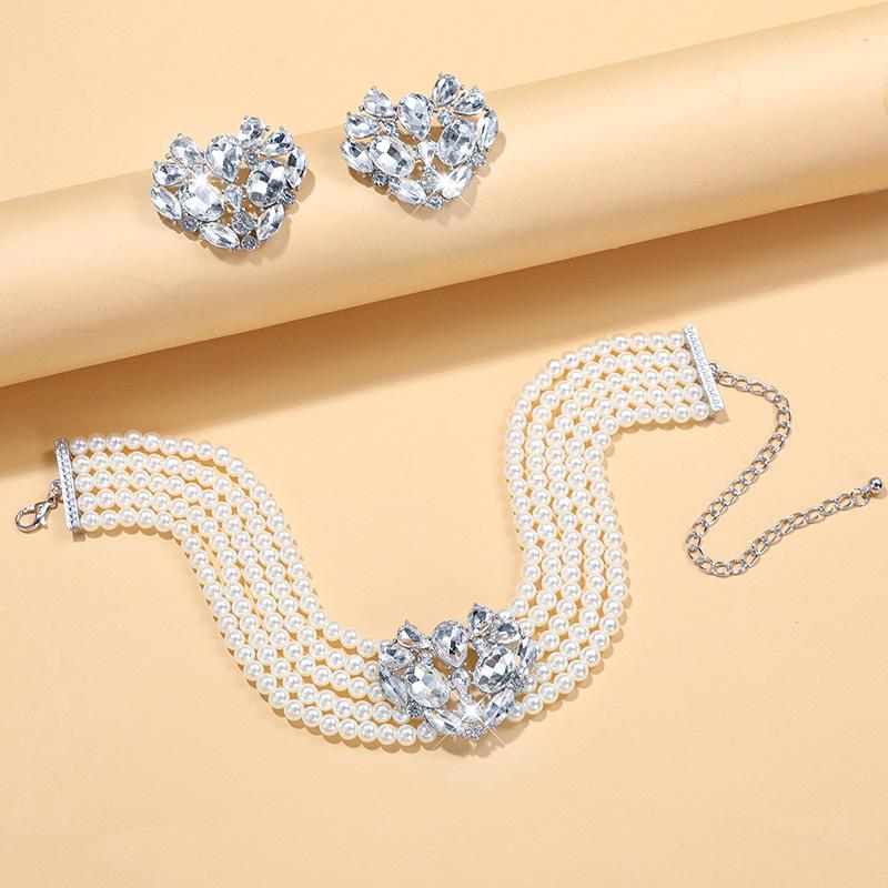 Multi-layer Imitation Pearl Neck Chain Stud Earrings Set, Colorful Bridal Crystal Jewelry Full of Diamond Heart Necklace Women