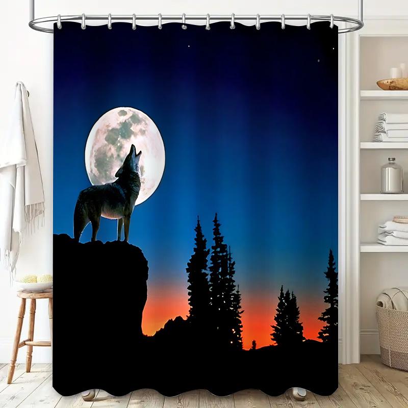 

Captivating Wolf Howling At Moon Shower Curtain Forest Night Sky Blue Orange Gradient Waterproof For Bathroom Decor Easy-Clean W60H190(CM)-1 Pcs
