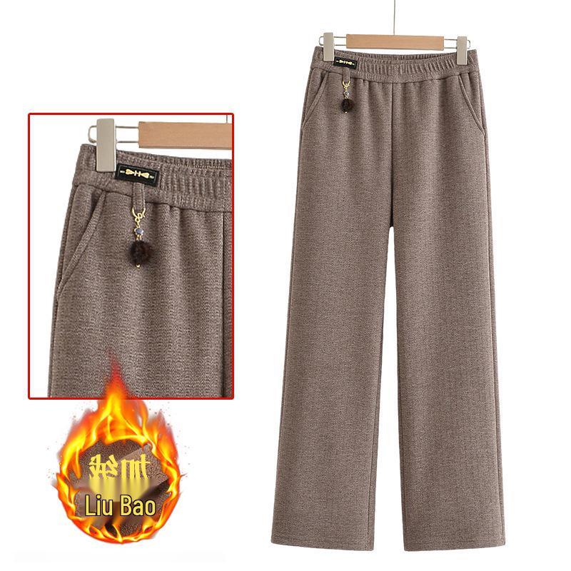 2025 Autumn/Winter Plus Velvet Thickened Elastic Waist Straight-Leg Casual Pants for Middle-Aged and Elderly Women