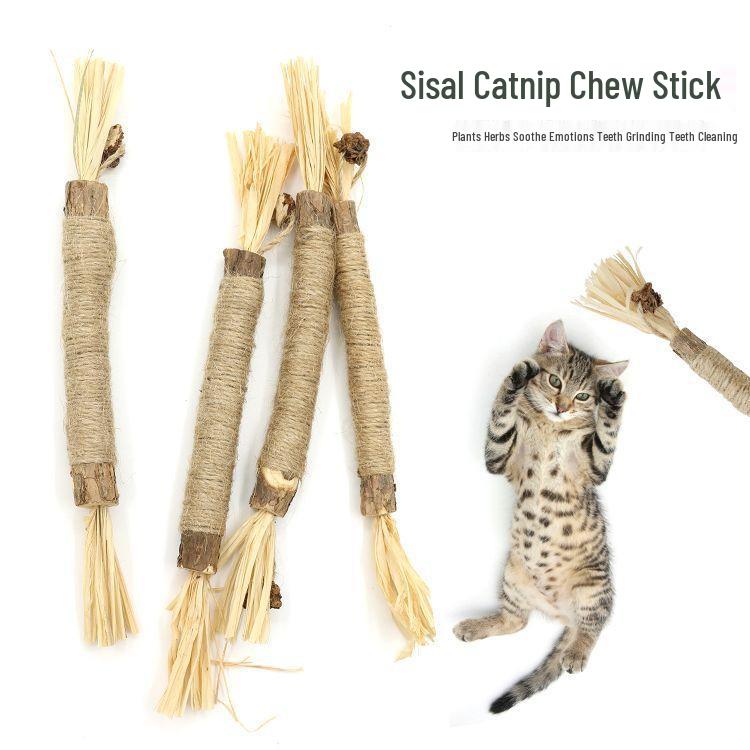 Raffia Catnip Teaser Stick: Wear-Resistant Kitten Toy for Self-Entertainment & Teeth Cleaning.