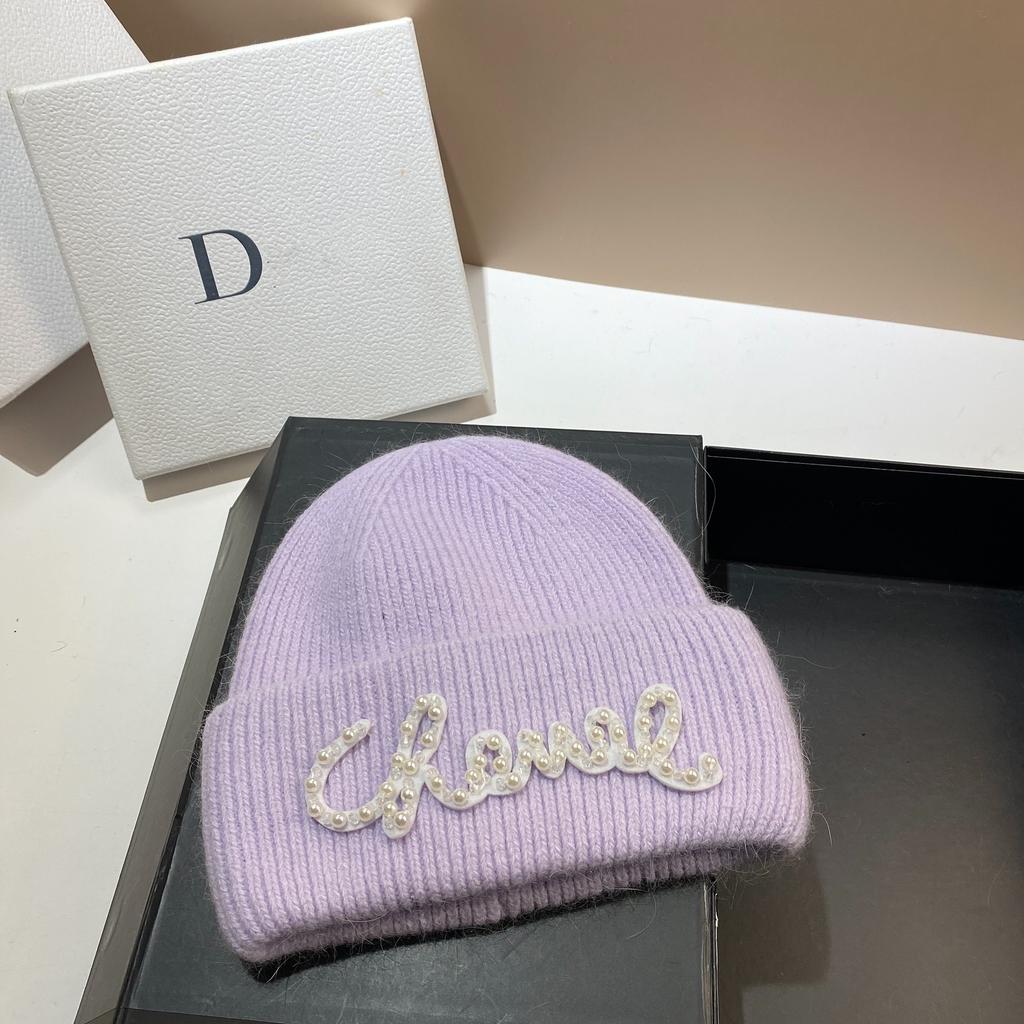 Pearl Hat Rabbit Hair Warm Knit Hat Women's Fashionable Winter Cold Hat Increase And Lengthen Double Folded Edges Hat