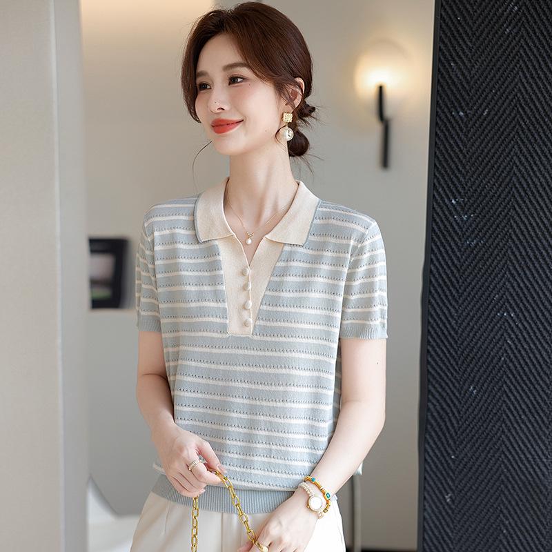 

Mom s Summer Striped Short-Sleeve Ice Silk Knit Top 4XL (Recommended 135-150 jin) светло-синий