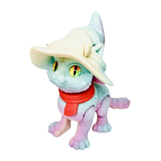 3D Printed Articulated Cat Wizard Hat Cat Ornament Wearing Red Scarf Big Eyes Cat Fidget Toy with Flexible Joints for Stress Relief Desktop Decoration