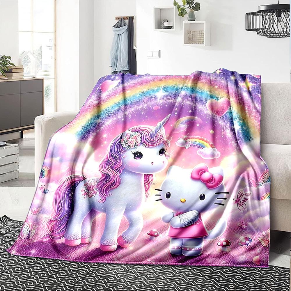 1pc Unicorn Hello Kitty Blanket Lightweight Flannel Throw for Sofa Bed Travel Camping Livingroom Office Couch Chair