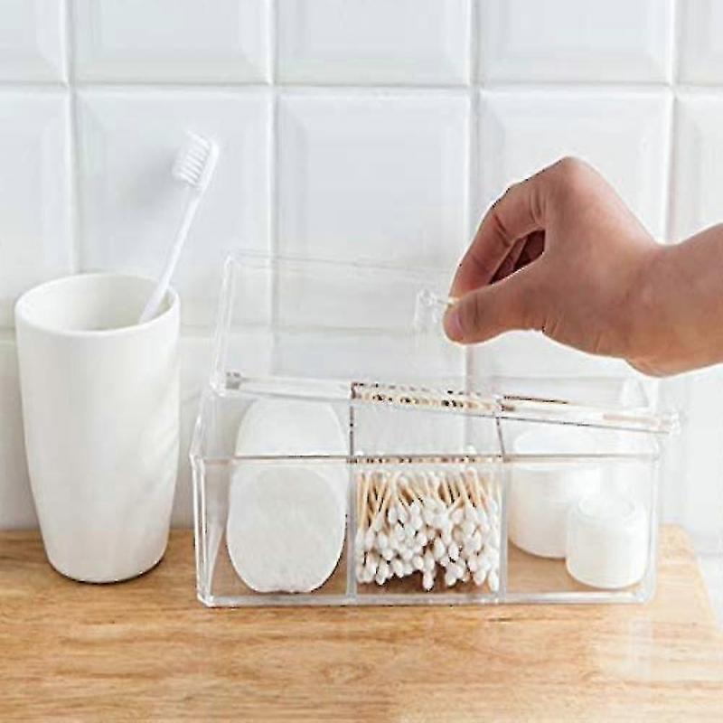 Rectangle Cotton Ball And Swab Holder Organizer With Lid, Dustproof,waterproof,clear Acrylic 3 Compartment Cotton Pad Container For Cotton Swabs, Q-ti