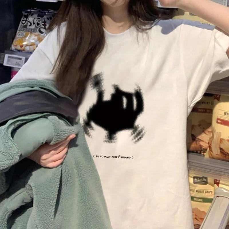 Korean Womens Cotton T-Shirts Black Cat Pixel Cartoons Printing Tops Comfortable Soft O-Neck Loose Short Sleeve Female Clothes