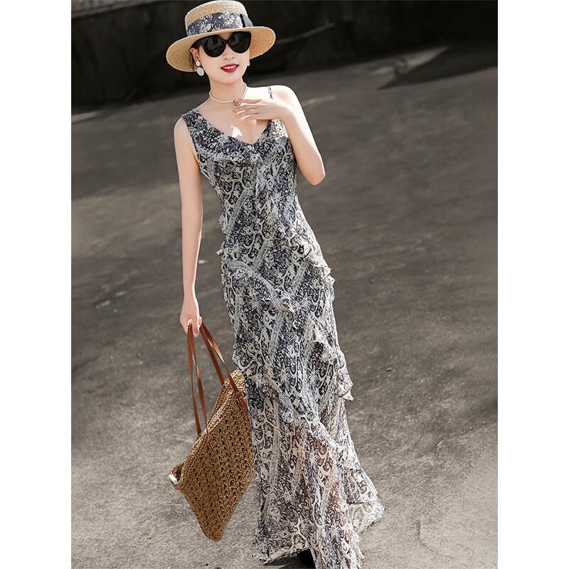 Lanser Women's French Romantic Ruffle Printed Maxi Dress