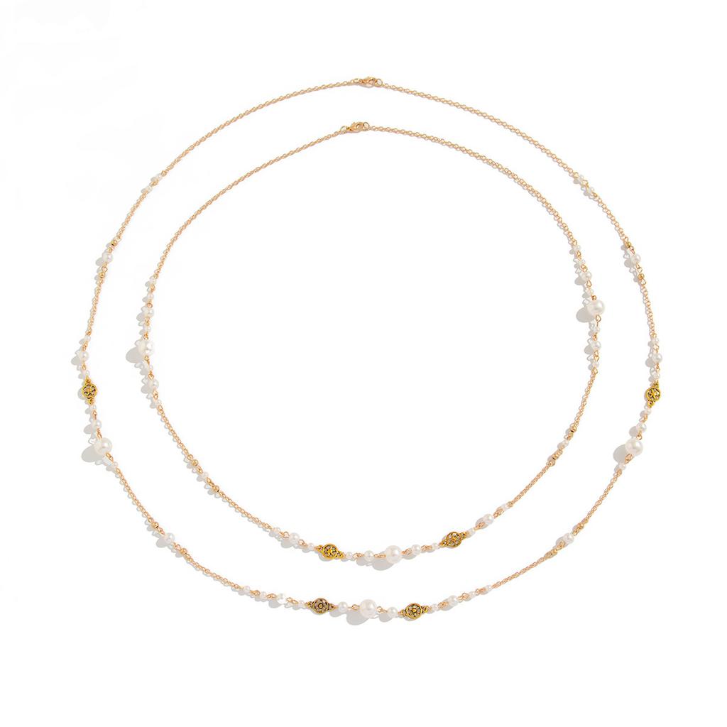 Temperament Imitation Pearl Stacked Long Necklace Female, Retro Ethnic Wind Star-Shaped Fringed Sweater Chain