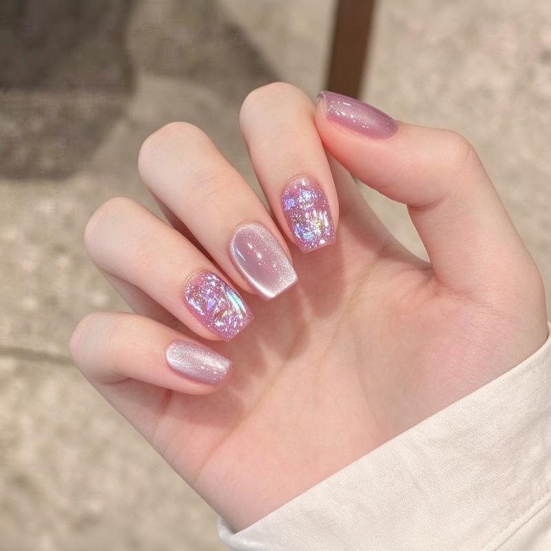 Press-On Nails Shimmery Cat Eye Short Square False Nails Kit with Free Adhesive Glue for Night Club Parties