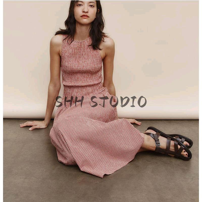 Spring New Women's Clothing French Style Retro Crew Neck Sleeveless Silm Gingham Midi Skirt Dress 3067329