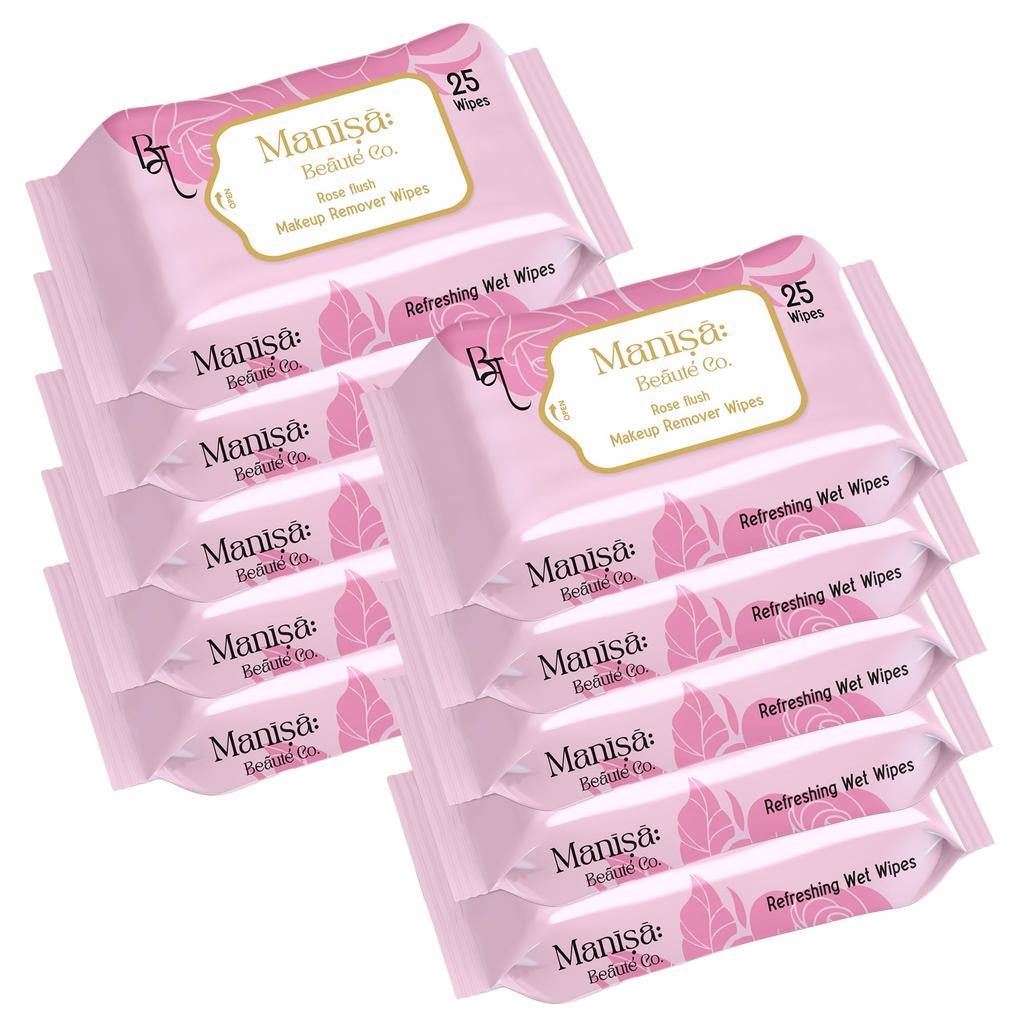 Manisa Beaute Co. Rose Flush Makeup Remover Wipes | Alcohol-Free, Paraben-Free, Vegan & Cruelty-Free | Rose-Infused Makeup Removing Wipes | 250 Wipe