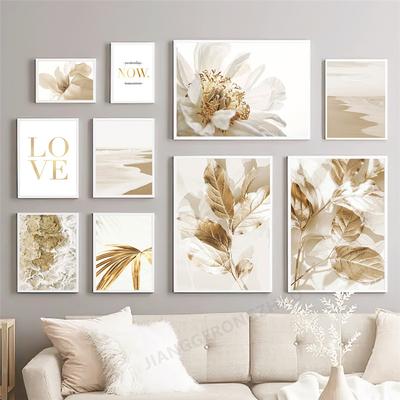 Quadro su tela con foglie di fiori bianchi dorati, dipinto a mano, poster e stampa artistica da parete, paesaggio nordico beige, arredamento per la casa, design del soggiorno