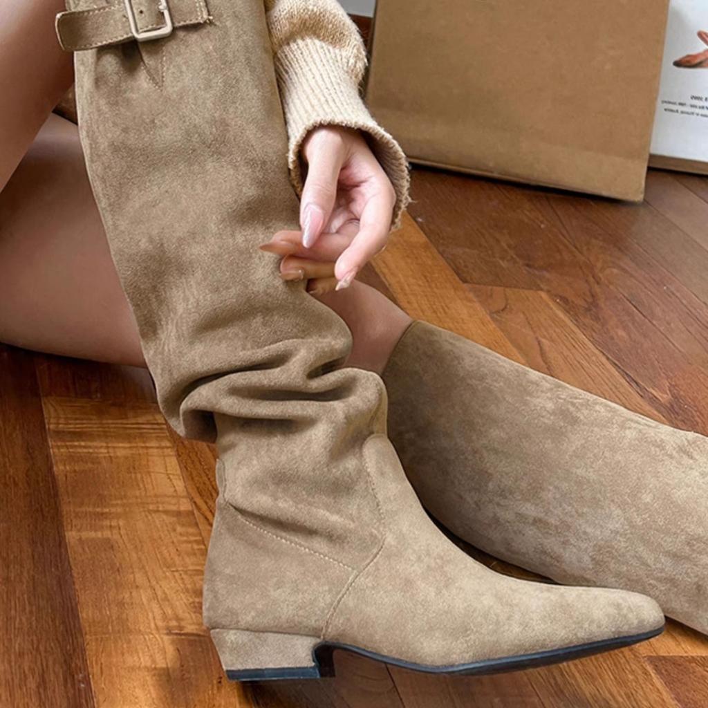 Schaffellversion~ Damen Herbst- und Winter-Retro-Stapelstiefel Französische spitz zulaufende dünne hohe Stiefel Stiefel