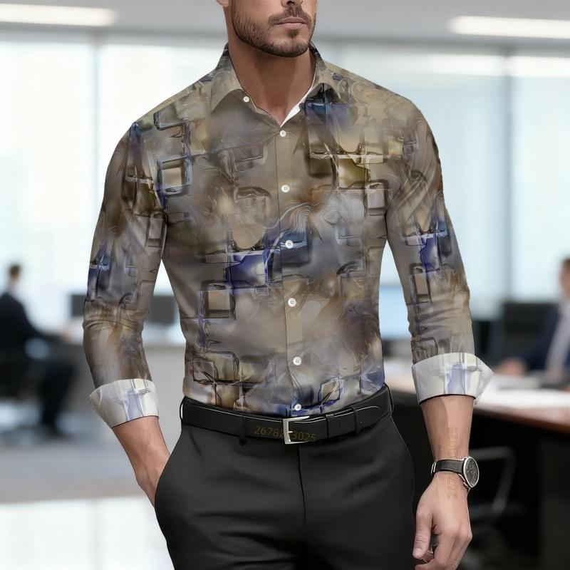 Men's Shirt, Ethnic Style Diamond Shaped Geometric Printed Long Sleeved Shirt, Business Casual Spring and Autumn Collar Shirt