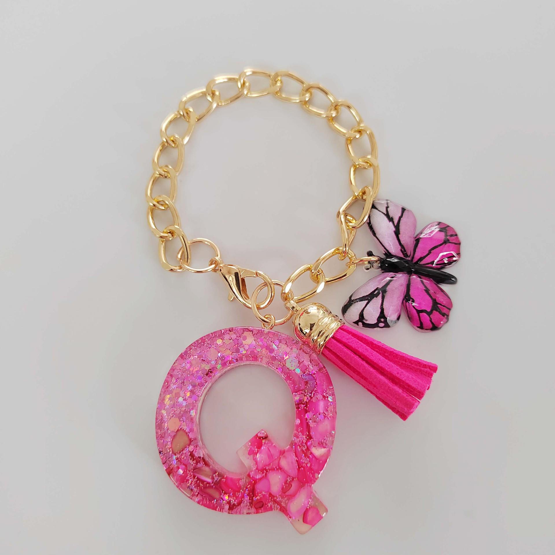 Pink Sequin Resin Letter Cup Chain with Butterfly Tassel Ornaments