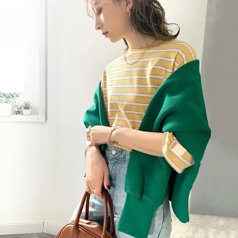 DIMANAF 2025 Summer Plus Size Women T-Shirts Stripe Elegant Short Sleeve Tops Tees Loose Cotton Shirt